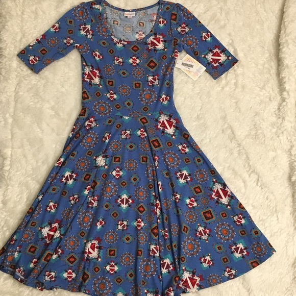 Lularoe Nicole Blue Geometric Aztec Print Dress - Picture 1 of 6